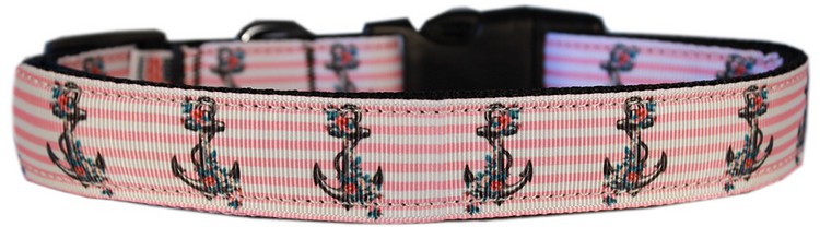 Pink Anchors Nylon Dog Collar MD Narrow